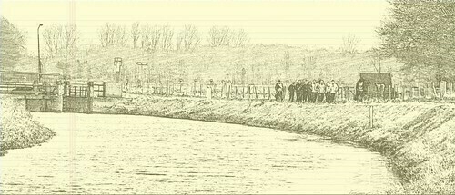 vergeelde foto met hardlopers in de verte langs een kanaal